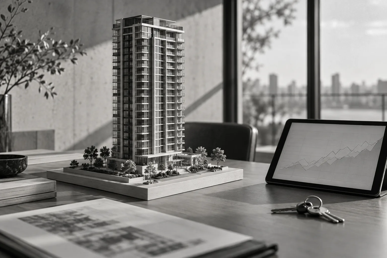 Maqueta de una torre residencial junto a una tableta con una gráfica y un juego de llaves
