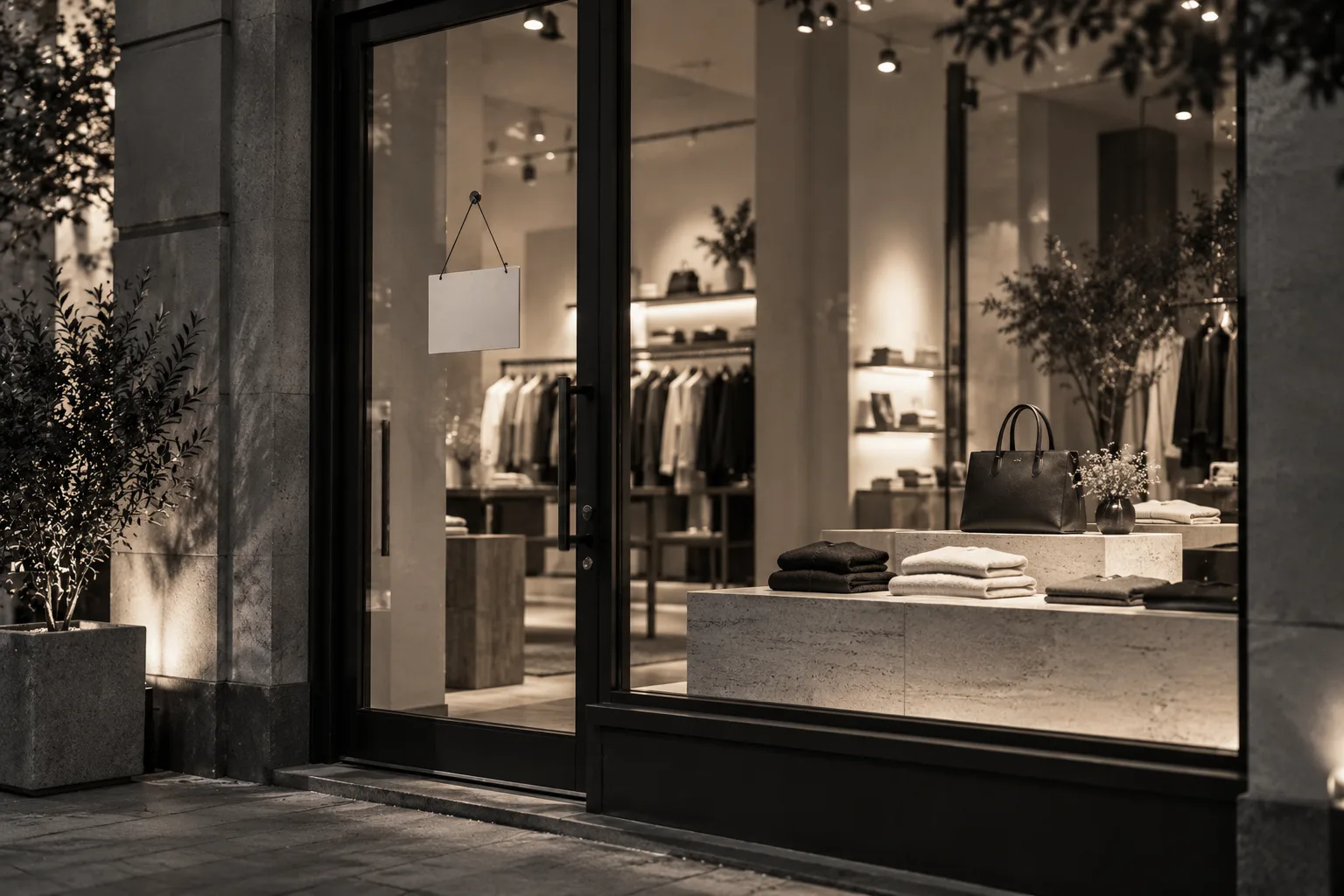 Aparador de una boutique al anochecer, con ropa doblada y un bolso iluminados