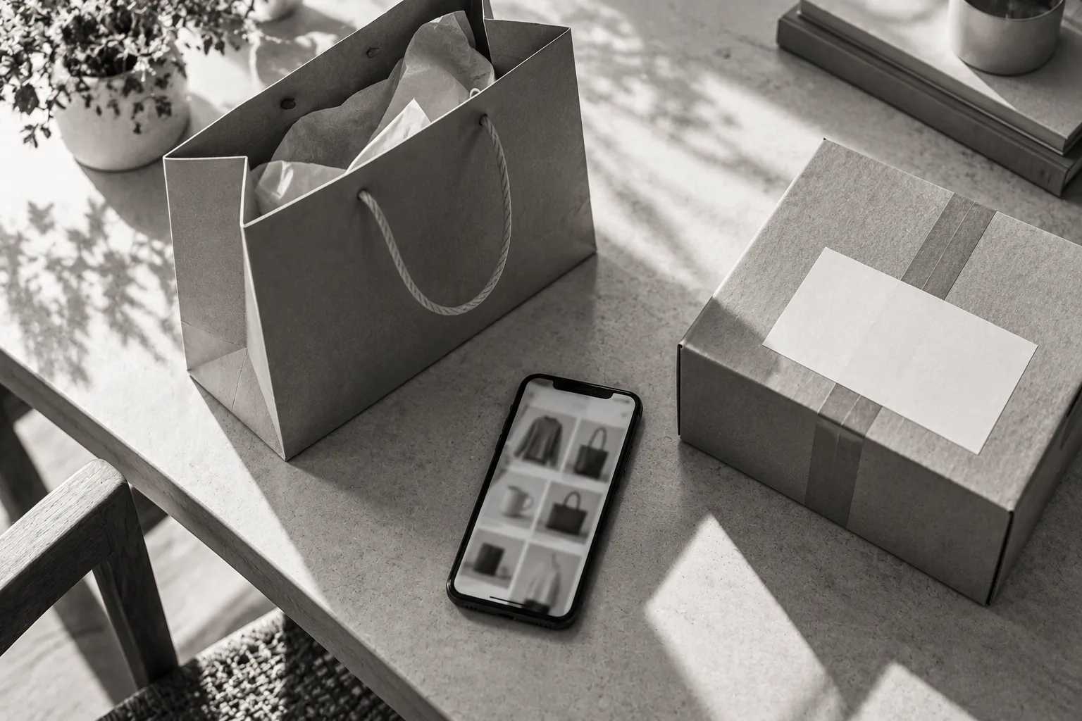 Bolsa de compra, celular con un catálogo de productos y caja de envío sobre una mesa
