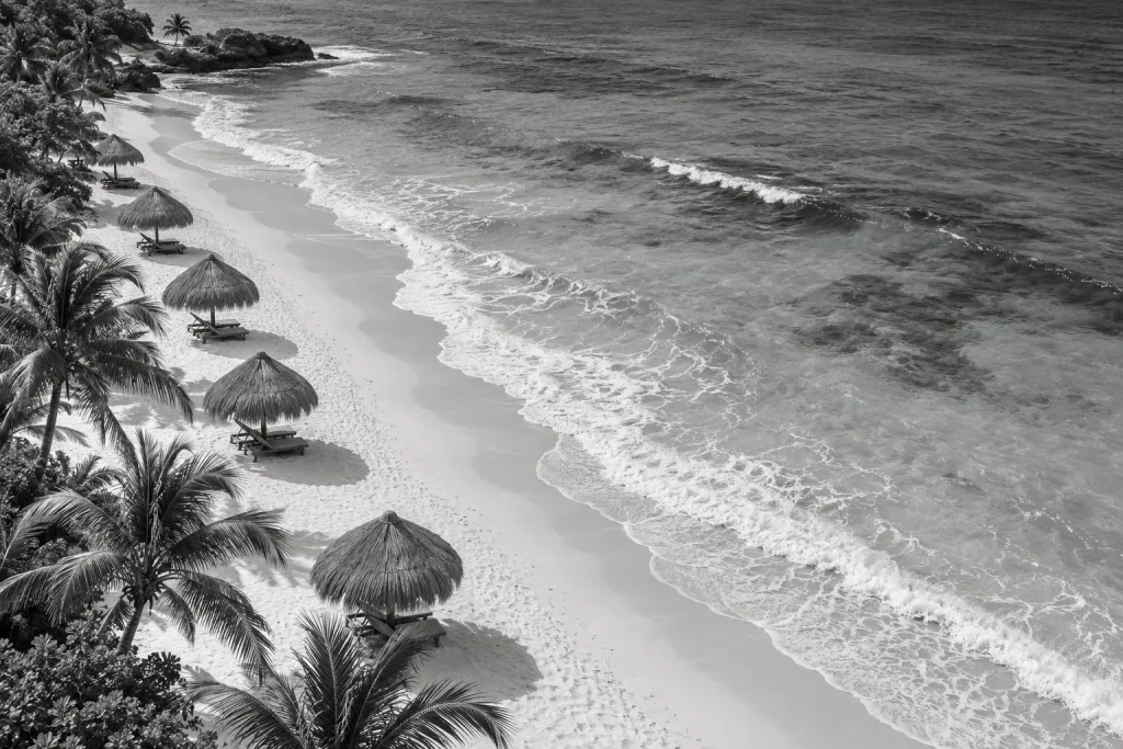 Vista aérea de una playa caribeña con palapas junto a la orilla